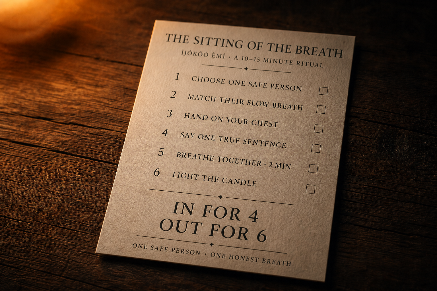 The Sitting of the Breath six-step ritual card in warm candlelight